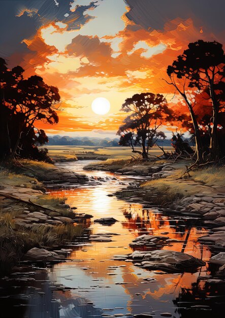 une peinture d'un coucher de soleil avec une rivière et des arbres au premier plan