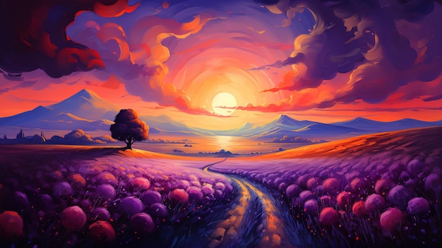 peinture d'un coucher de soleil avec une route et un arbre au milieu IA générative