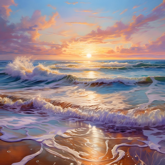 une peinture d'un coucher de soleil avec le soleil brillant sur l'eau