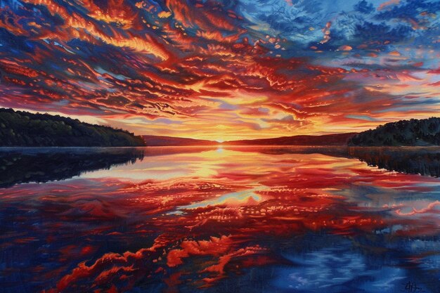 une peinture d'un coucher de soleil avec le soleil qui se couche derrière elle