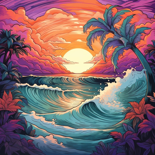 Peinture d'un coucher de soleil avec une vague et des palmiers ai générative