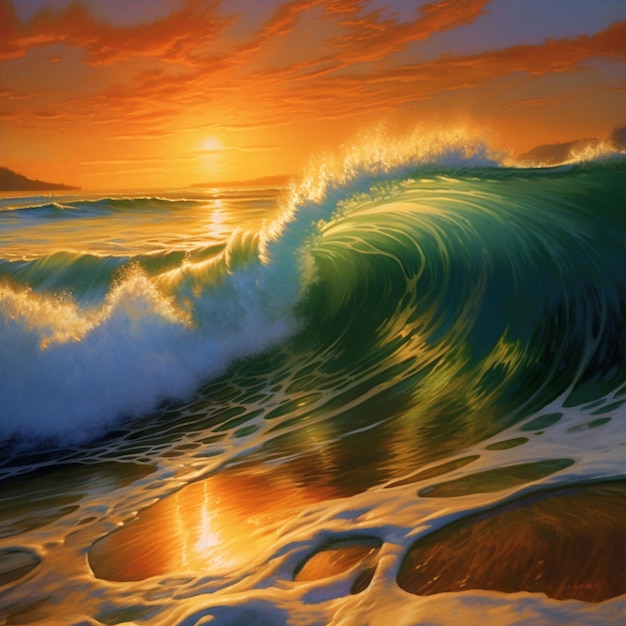 Peinture d'un coucher de soleil sur une vague qui se brise sur la plage