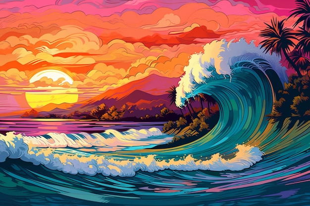 Peinture d'un coucher de soleil avec une vague se brisant dans l'océan ai générative