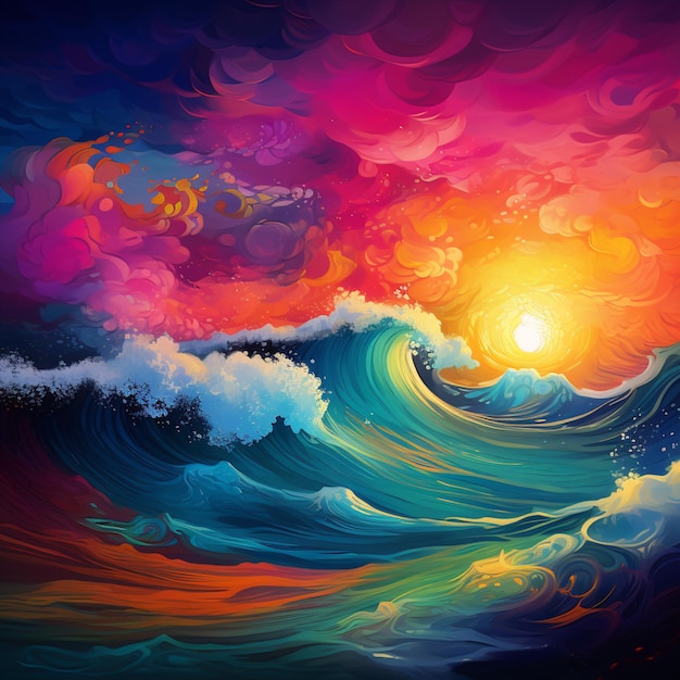 peinture d'un coucher de soleil sur une vague avec un soleil orange vif génératif ai