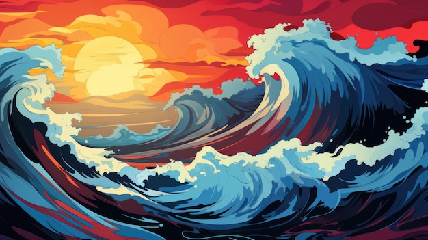 Une peinture d'un coucher de soleil et des vagues de l'océan