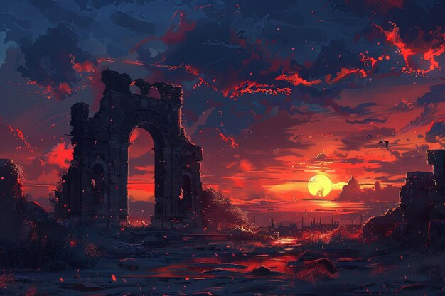 Une peinture d'un coucher de soleil sur une ville