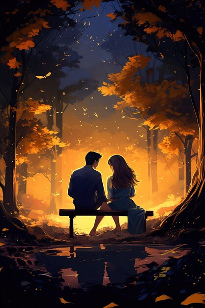 une peinture d'un couple assis sur un banc dans les bois dans le style de l'art numérique couleurs brillantes