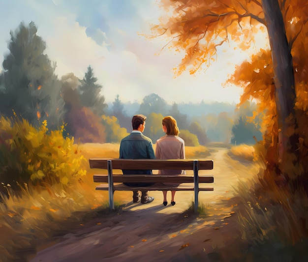 Une peinture d'un couple assis sur un banc dans la forêt d'automne.