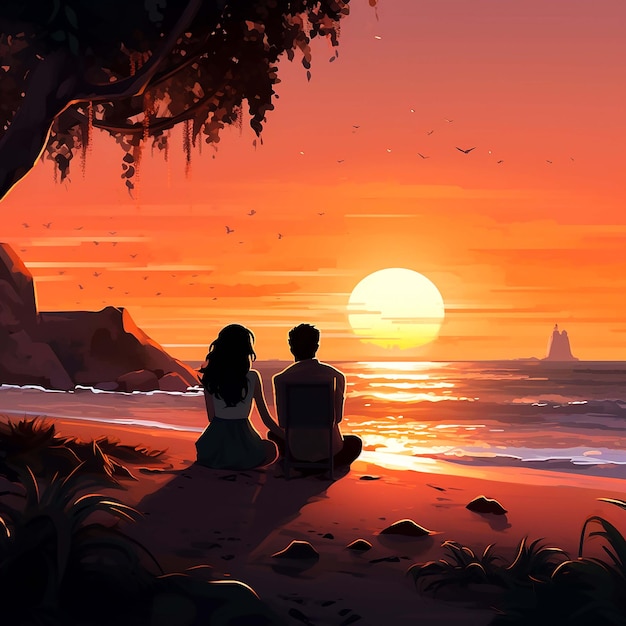 Peinture d'un couple assis sur la plage regardant le coucher de soleil