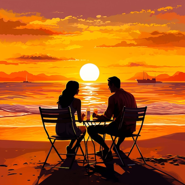 Peinture d'un couple assis sur la plage regardant le coucher de soleil