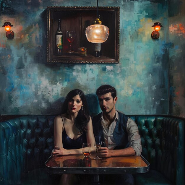 une peinture d'un couple assis à un stand avec une lampe sur le mur derrière eux
