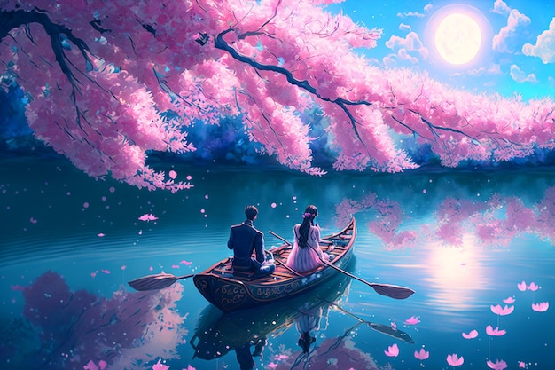 Une peinture d'un couple dans un bateau avec des fleurs roses sur l'eau.