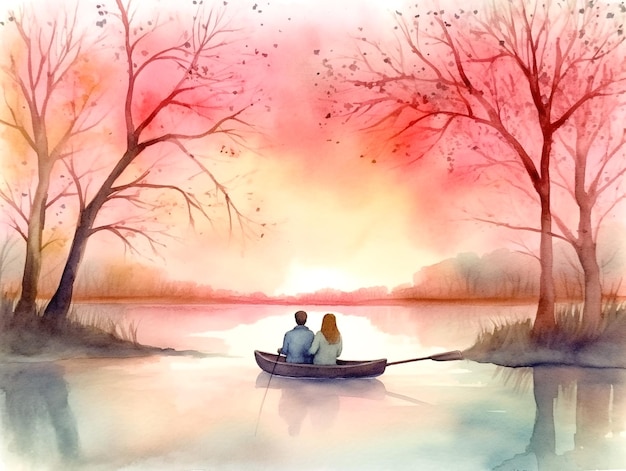 Une peinture d'un couple dans un bateau sur un lac
