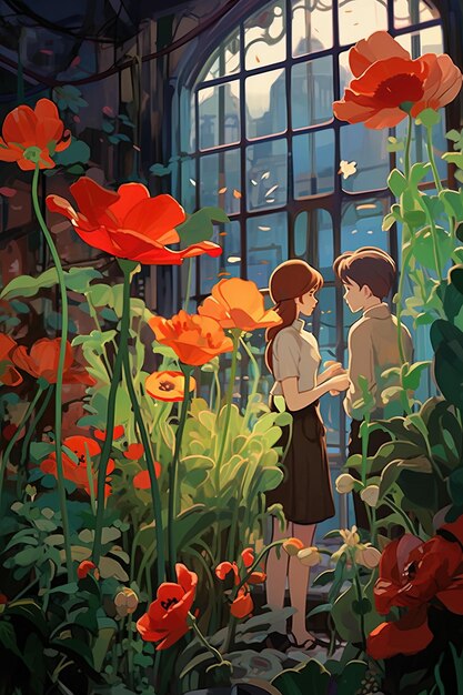 Photo une peinture d'un couple dans un jardin avec des fleurs et une fenêtre derrière eux