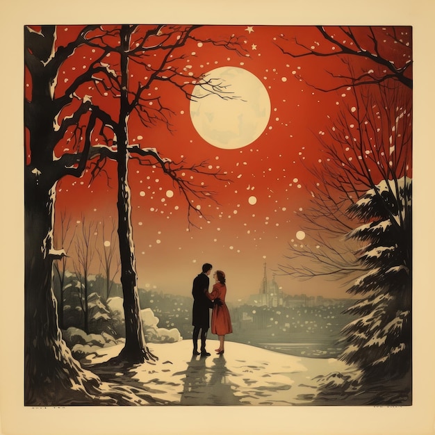 une peinture d'un couple dans une scène hivernale avec la lune en arrière-plan.