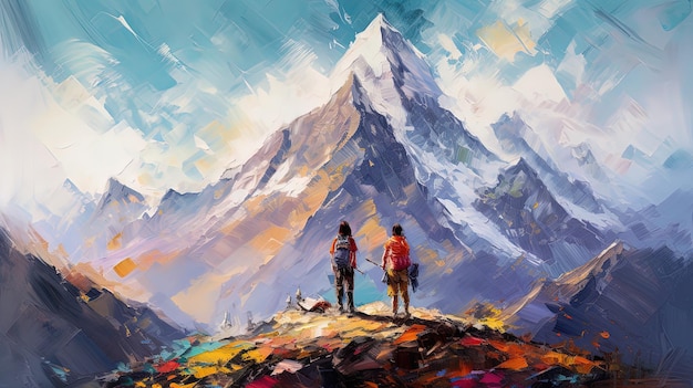 Une peinture d'un couple debout au sommet d'une montagne.