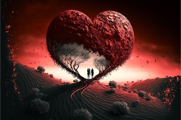 Peinture d'un couple debout sur la colline avec un arbre en forme de coeur ai génératif