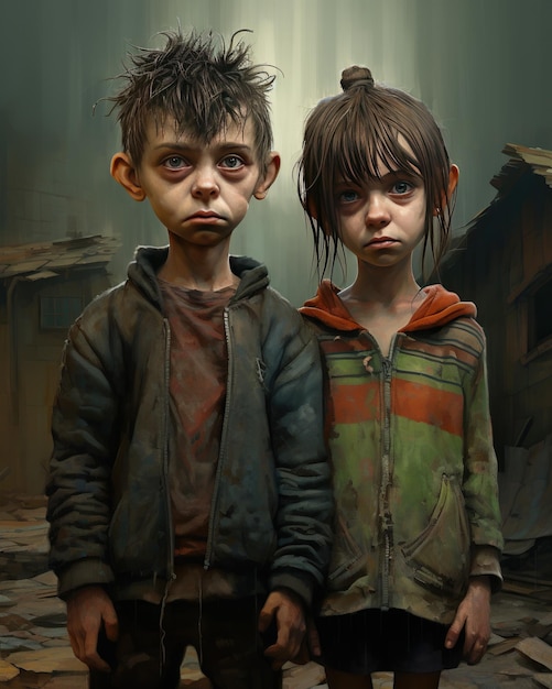 une peinture d'un couple d'enfants caricatures grotesques met l'accent sur l'émotion sur le réalisme