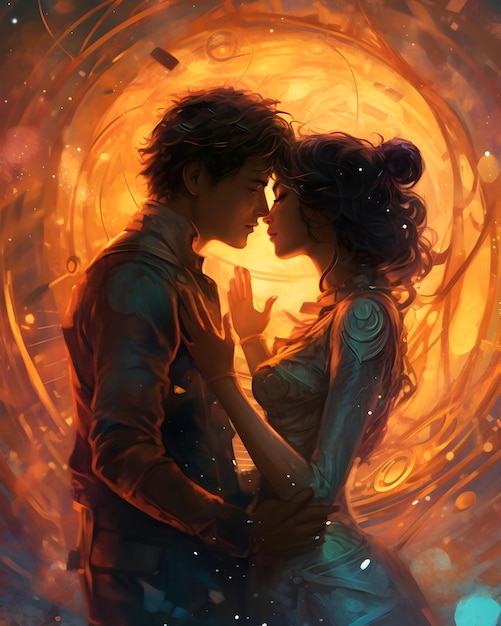 Une peinture d'un couple enlacé devant un feu avec les mots " love " sur la couverture.