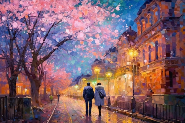 Une peinture d'un couple marchant dans une rue avec des fleurs roses.