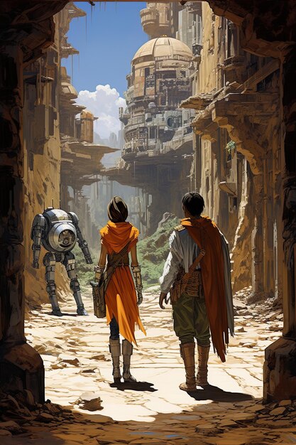 Photo une peinture d'un couple marchant dans une rue avec un robot en arrière-plan