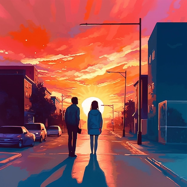 Une peinture d'un couple marchant dans une rue avec le soleil derrière eux