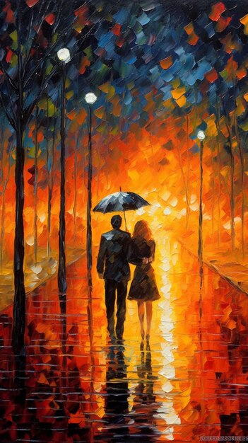 Peinture d'un couple marchant sous la pluie avec un parapluie ai génératif