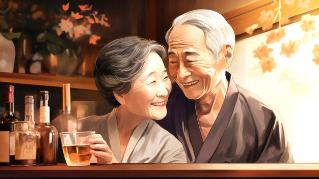 Une peinture d'un couple de personnes âgées en train de boire du vin