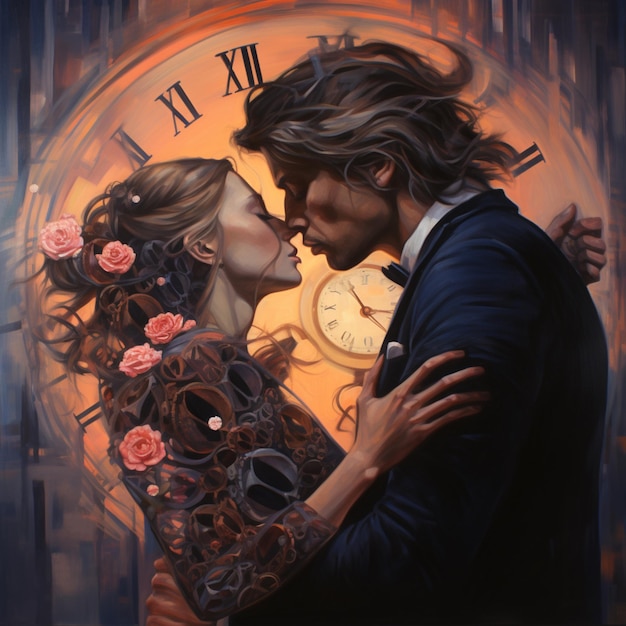 peinture d'un couple s'embrassant devant une horloge avec des roses ai générative