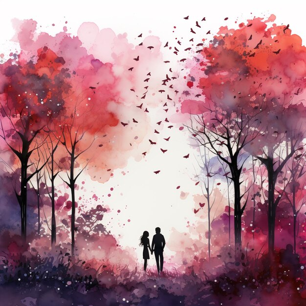 peinture d'un couple se promenant dans une forêt avec un ciel rose génératif ai