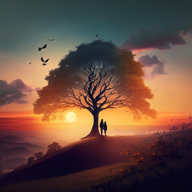 Une peinture d'un couple sous un arbre avec le soleil couchant derrière eux.