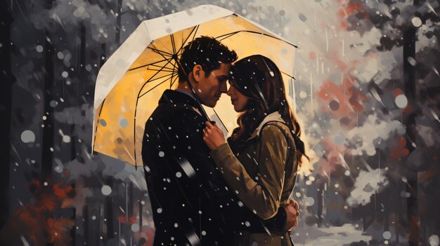 Peinture d'un couple sous un parapluie dans la neige