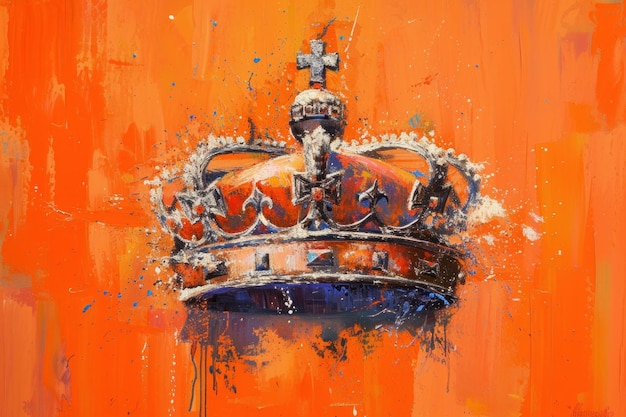 Une peinture d'une couronne sur un fond orange concept de la fête du roi néerlandais