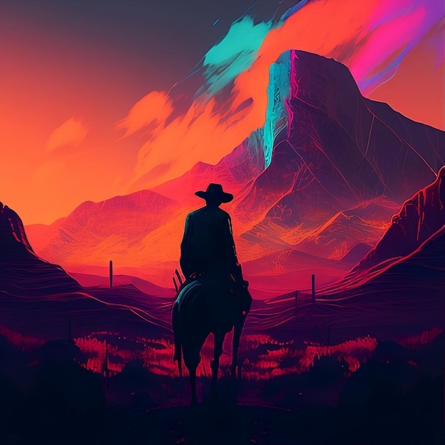 Une peinture d'un cow-boy sur un cheval devant une montagne.