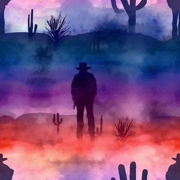 Une peinture d'un cow-boy debout dans le désert avec des cactus génératifs ai