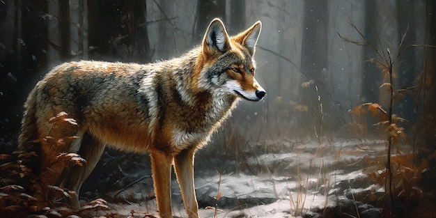 Une peinture d'un coyote dans les bois