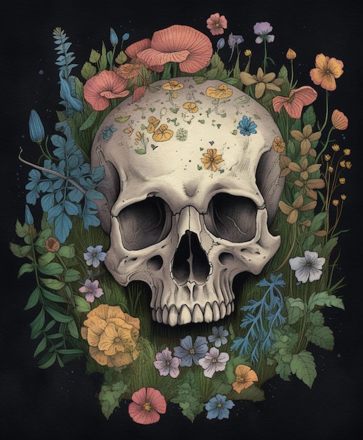 Une peinture d'un crâne entouré de fleurs.