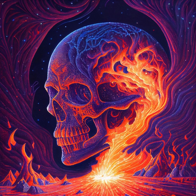 Peinture d'un crâne avec des flammes qui en sortent générative ai