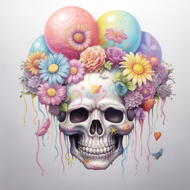 peinture d'un crâne avec des fleurs et des ballons dessus