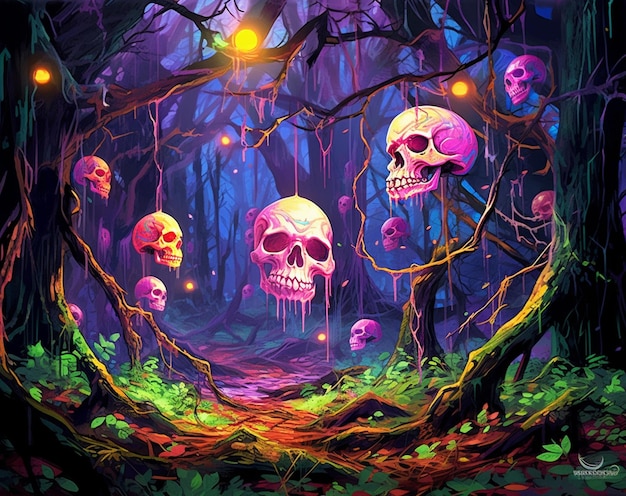 Une peinture de crânes dans une forêt avec un fond violet.
