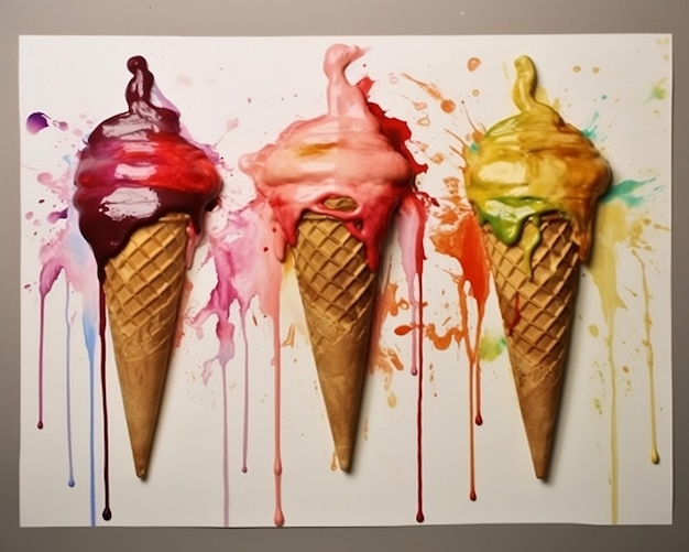 Une peinture de crèmes glacées avec différentes couleurs sur elles.