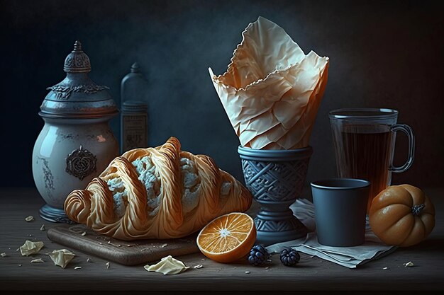 Photo une peinture d'un croissant et d'une tasse de thé.