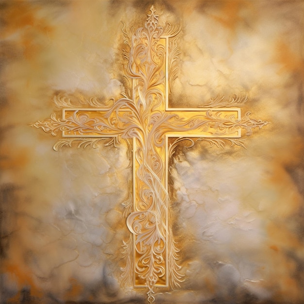 Photo peinture d'une croix dorée avec un design tourbillonnant sur elle générative ai