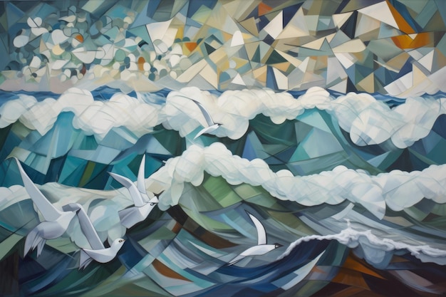 Peinture cubiste de la mer avec des vagues et des mouettes créées avec une IA générative
