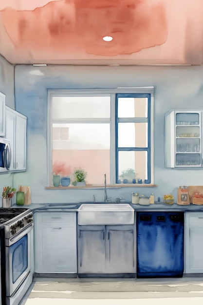 Une peinture d'une cuisine avec un évier et une cuisinière