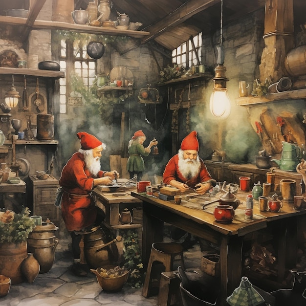 peinture d'une cuisine de gnomes avec un homme cuisinant de la nourriture et une femme cuisinant un ai génératif