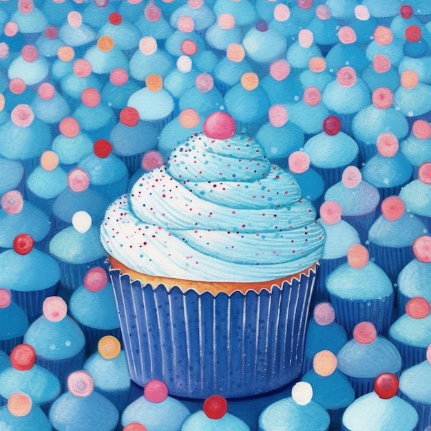 peinture d'un cupcake bleu entouré de nombreux cupcakes roses et bleus