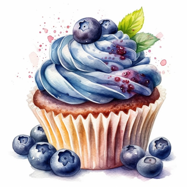 peinture d'un cupcake avec des bleuets et de la crème sur le dessus