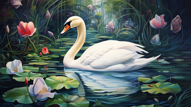 Une peinture d'un cygne nageant dans un étang avec des lis