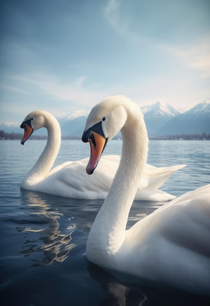 Une peinture de cygnes sur un lac avec des montagnes en arrière-plan